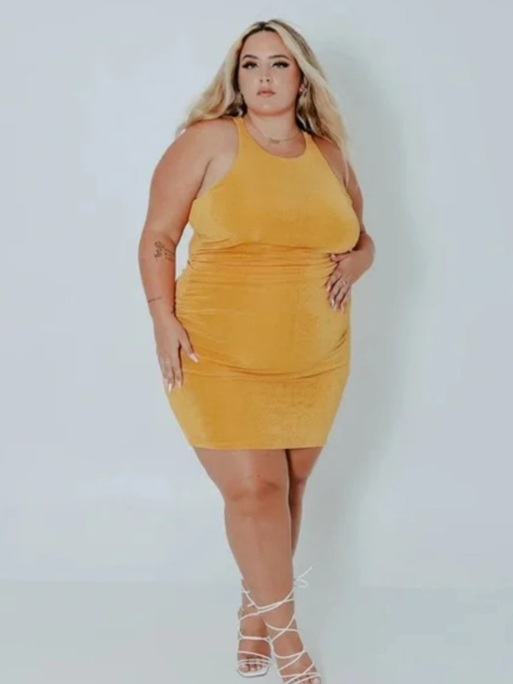 Klassy Network High Neck Open Back Brami Dress in Marigold